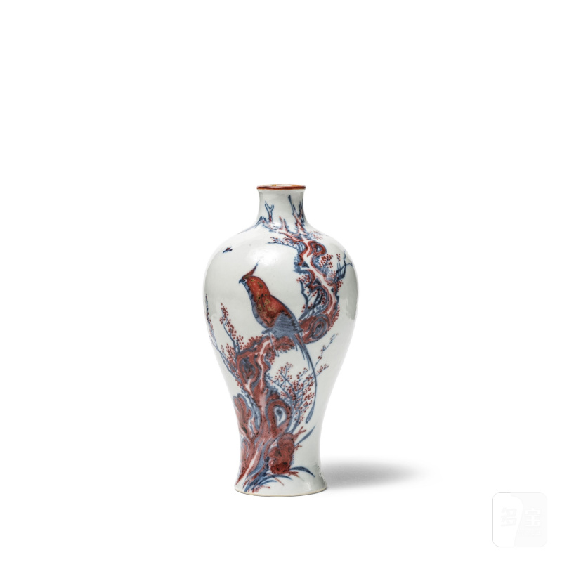 清 十九世紀 青花釉裏紅花鳥圖梅瓶 | PETIT VASE EN PORCELAINE BLEU BLANC ET ROUGE DE CUIVRE, MEIPING - 图1